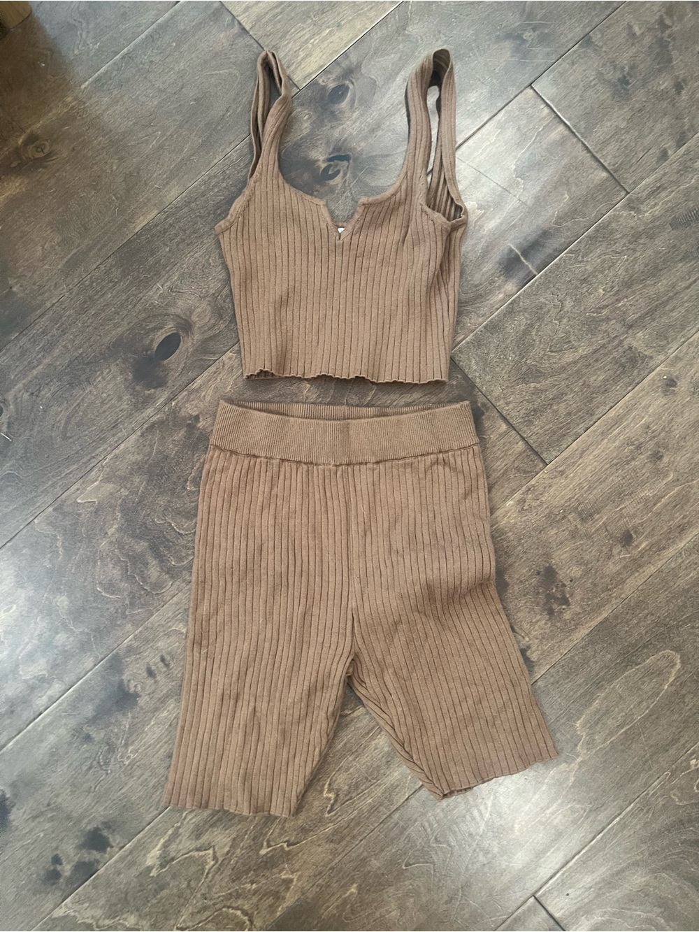 emory park Ribbed Knit Crop Tank & Biker Shorts Set - Brown